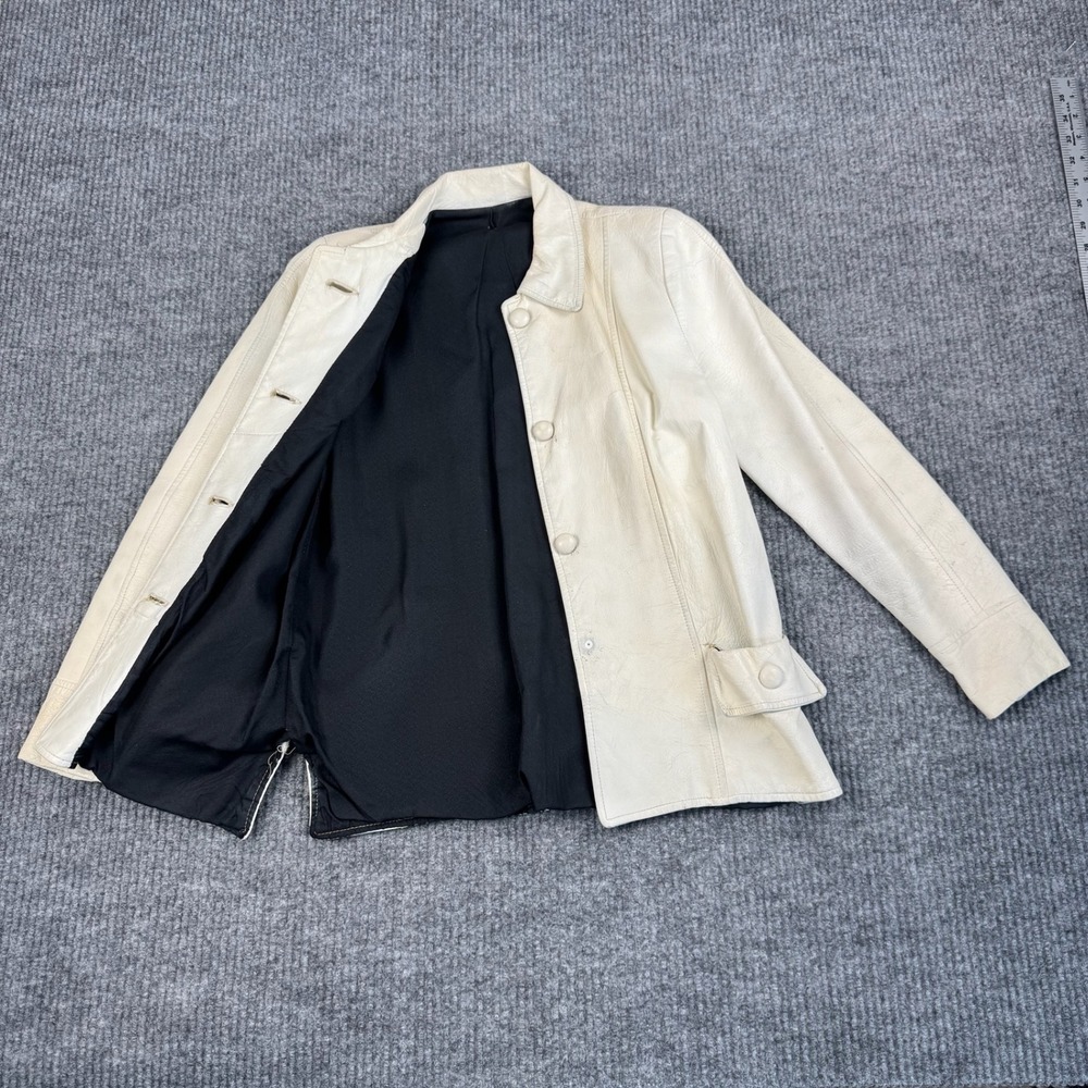 Vtg 70s Leather Jacket Womens XS Ivory Button Front Mod Retro Indie Sleaze Boho